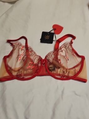 Adora Sheer Red Embroidered Underwire 40DDD/F Bra - Brand: Honey Birdette